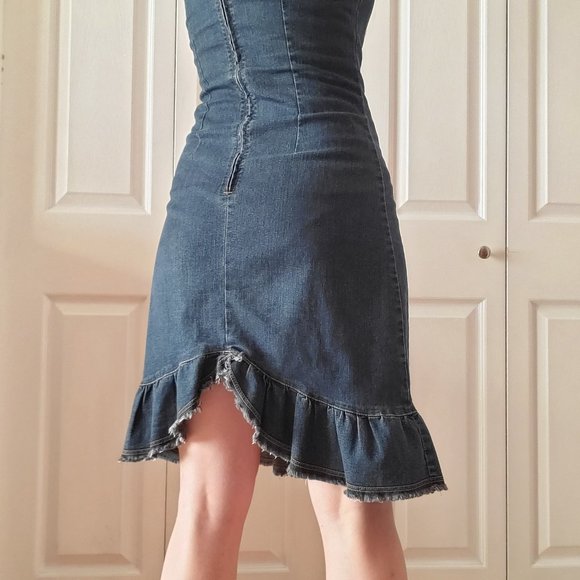 Vintage 90's Garage faded denim spaghetti straps ruffled hem dress / ruffles - Picture 3 of 12